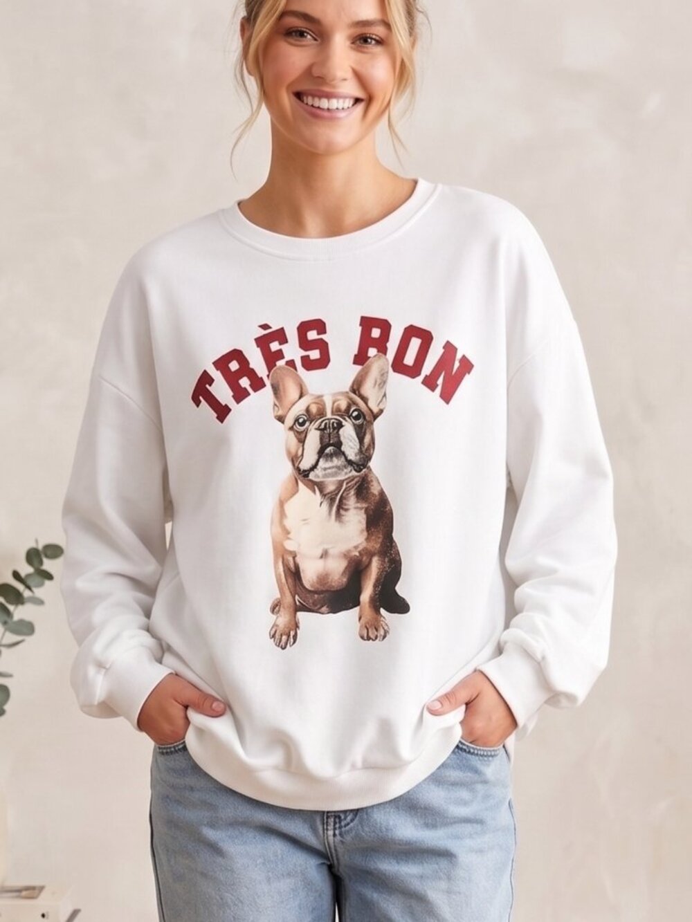 NWOT French Bulldog Tres Bon Graphic Sweatshirt White Fleece Pullover Top Large